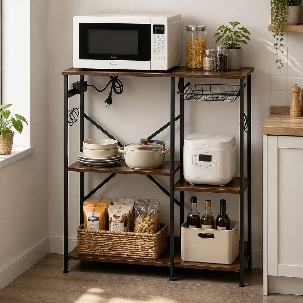 3-Tier Kitchen Storage Rack with Power Outlets and Hooks 90CM