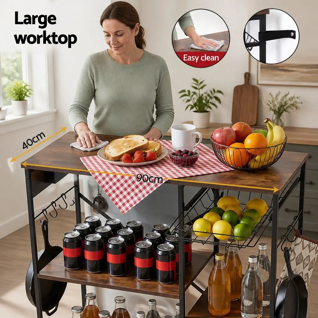 3-Tier Kitchen Storage Rack with Power Outlets and Hooks 90CM