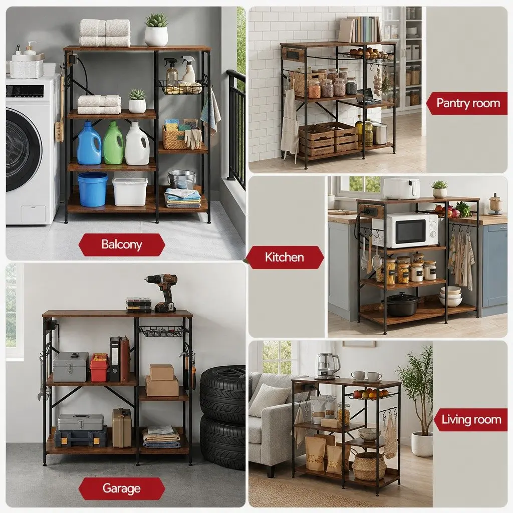 3-Tier Kitchen Storage Rack with Power Outlets and Hooks 90CM