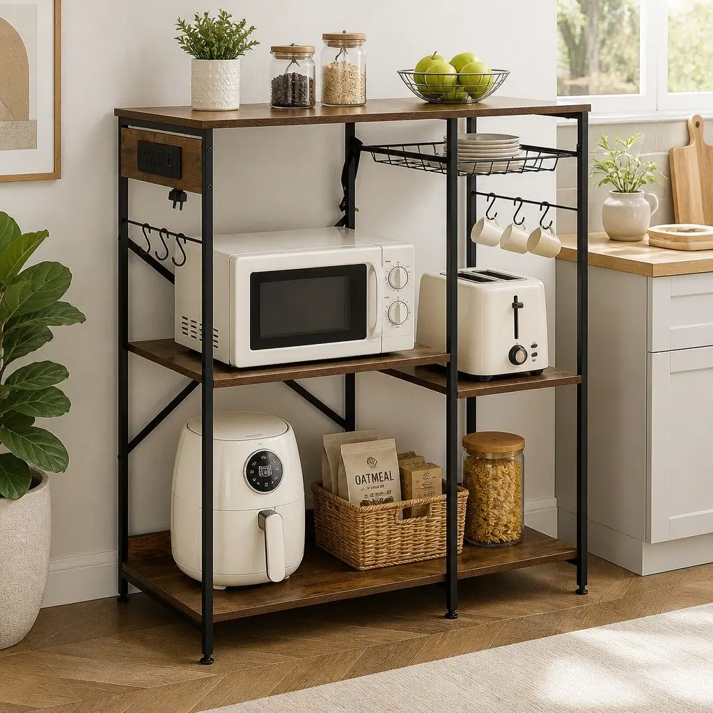 3-Tier Kitchen Storage Rack with Power Outlets and Hooks 90CM