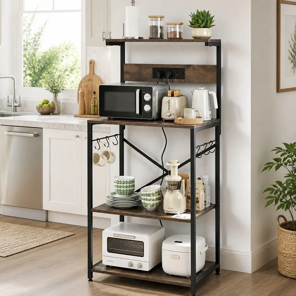4-Tier Kitchen Storage Rack with 2 Power Outlets 6 Hooks Microwave Shelf Brown
