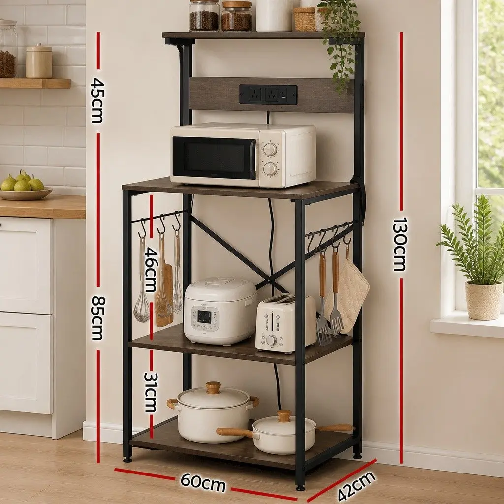 4-Tier Kitchen Storage Rack with 2 Power Outlets 6 Hooks Microwave Shelf Brown