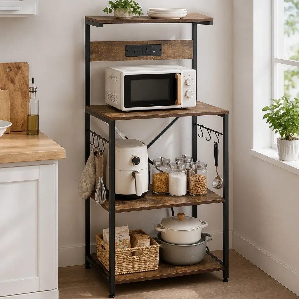 4-Tier Kitchen Storage Rack with 2 Power Outlets 6 Hooks Microwave Shelf Brown