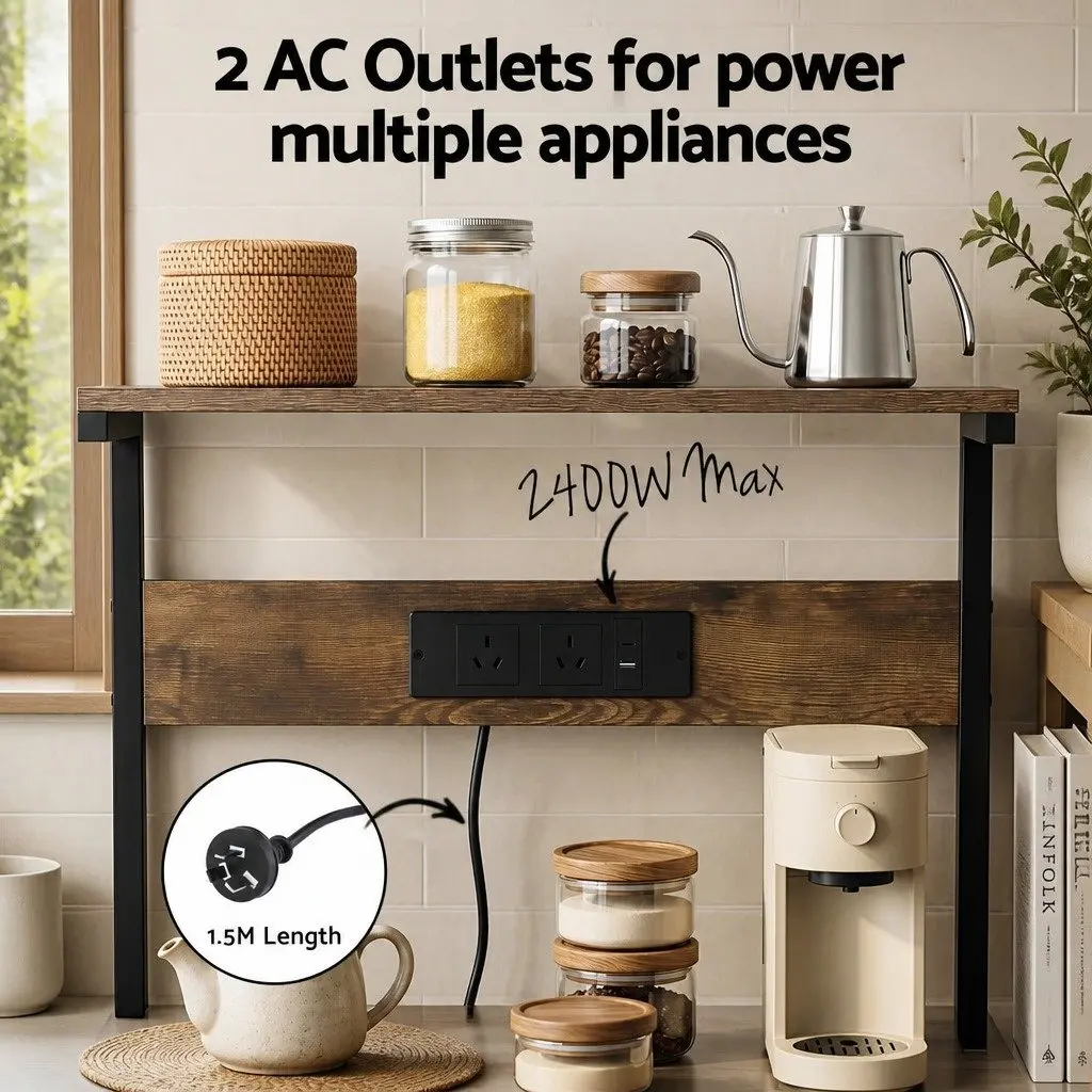 4-Tier Kitchen Storage Rack with 2 Power Outlets 6 Hooks Microwave Shelf Brown
