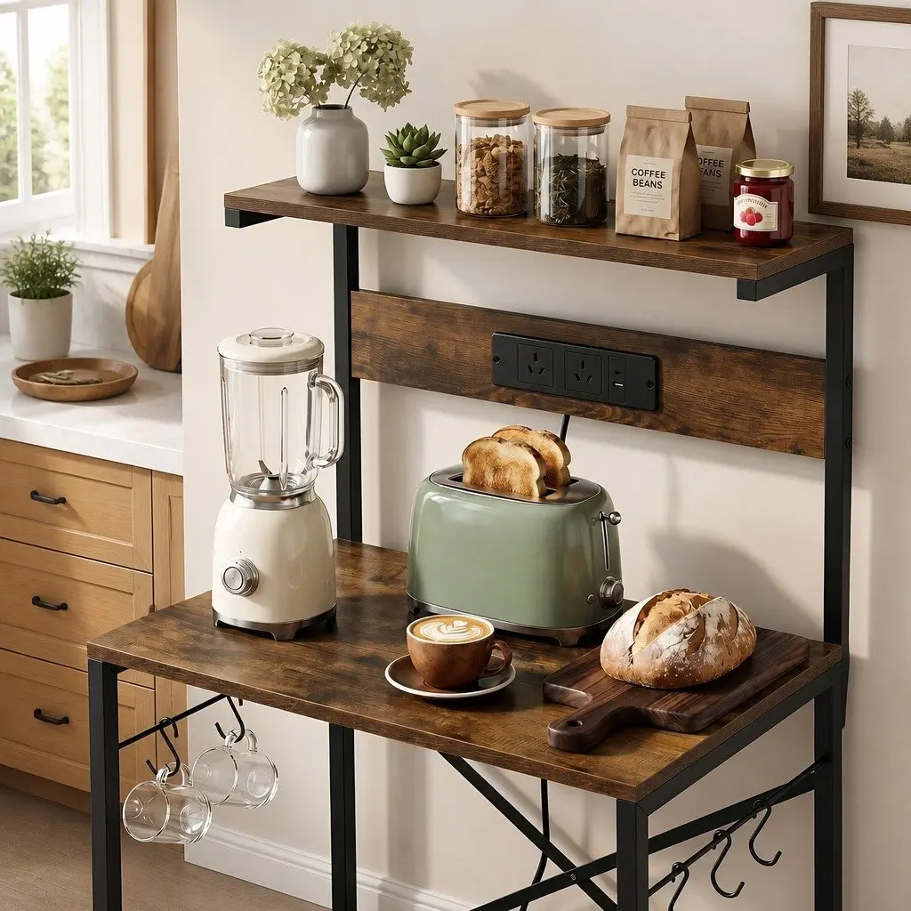 4-Tier Kitchen Storage Rack with 2 Power Outlets 6 Hooks Microwave Shelf Brown