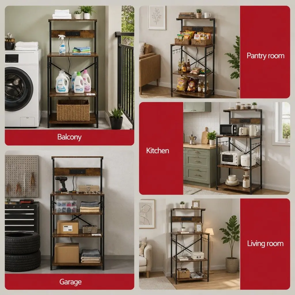 4-Tier Kitchen Storage Rack with 2 Power Outlets 6 Hooks Microwave Shelf Brown