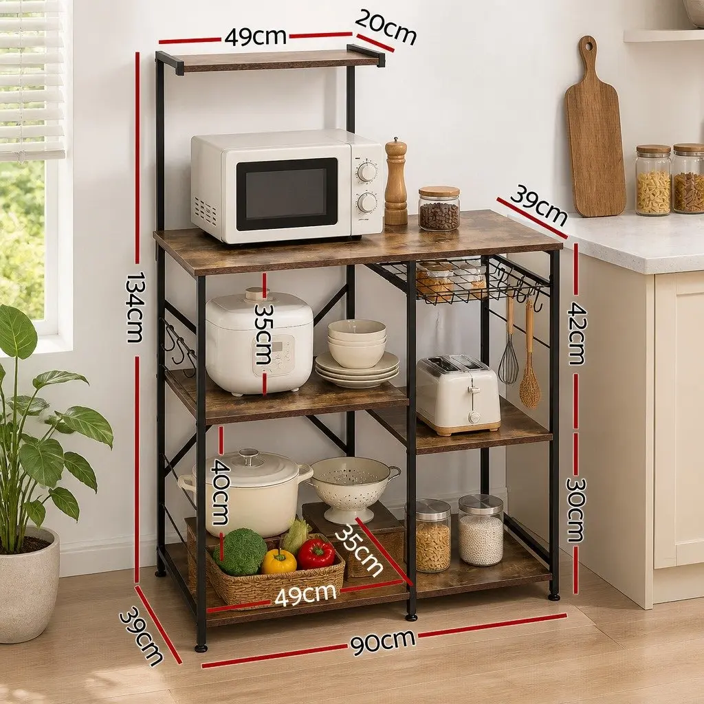 4-Tier Kitchen Storage Rack with Pull Out Basket 6 Hooks Microwave Shelf Brown