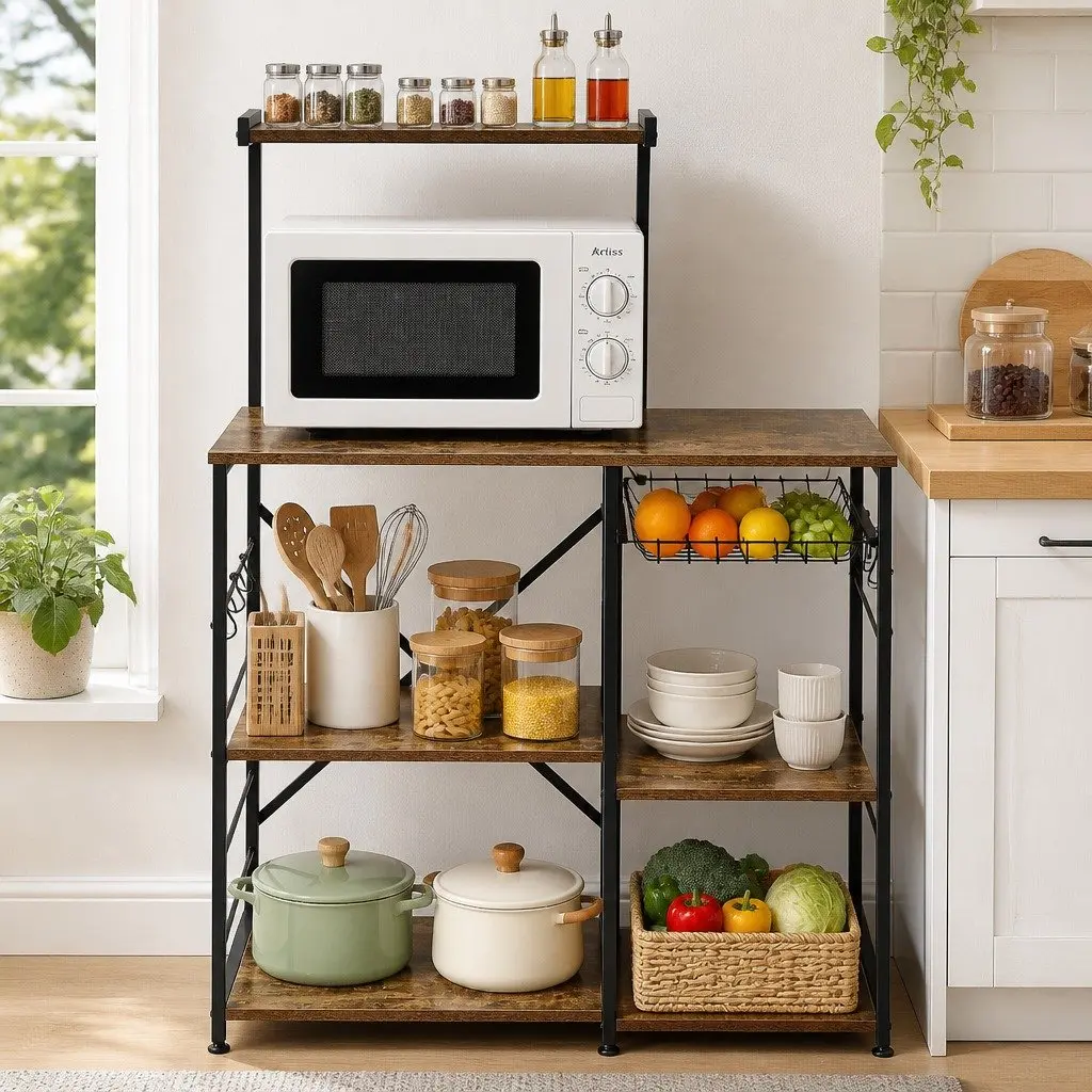 4-Tier Kitchen Storage Rack with Pull Out Basket 6 Hooks Microwave Shelf Brown