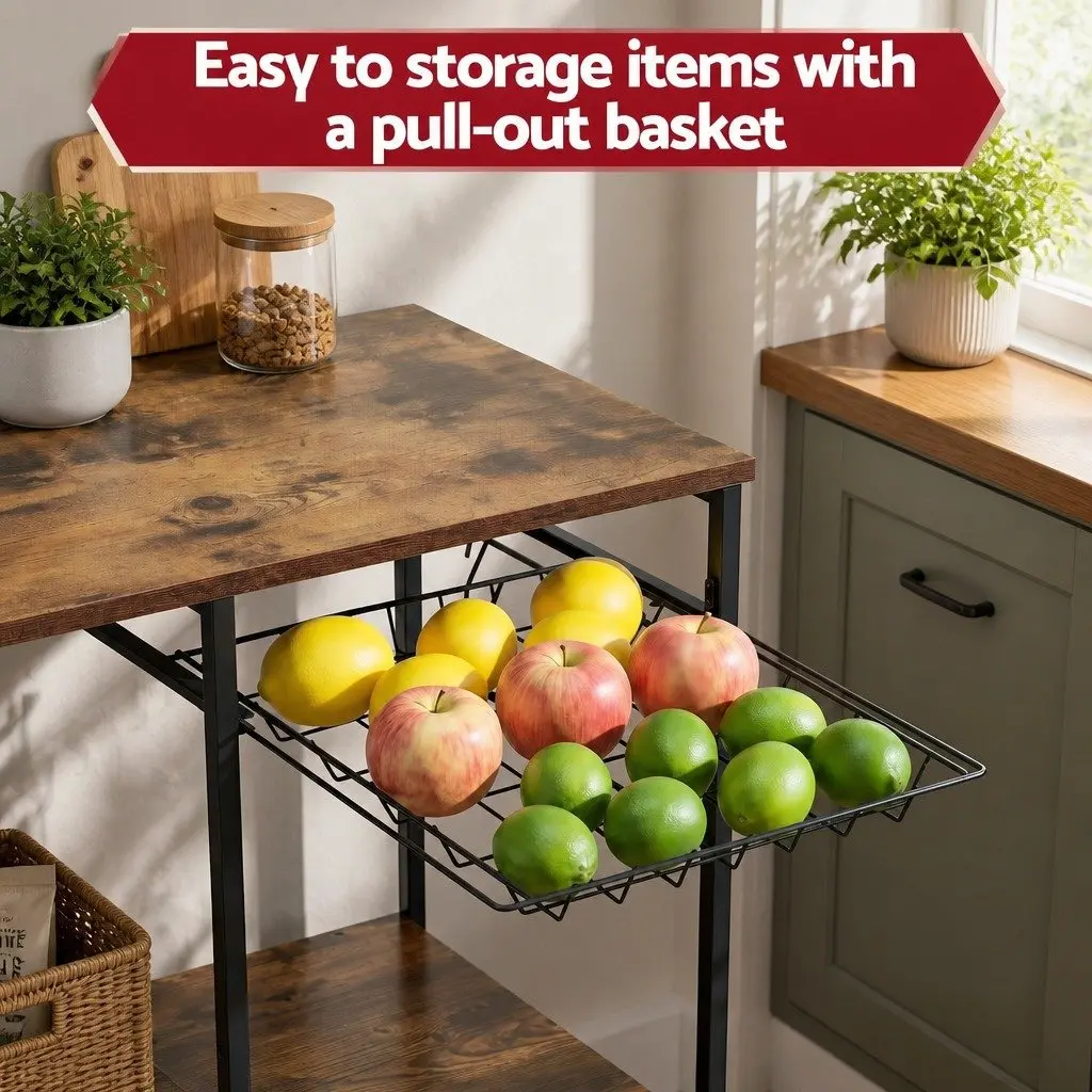 4-Tier Kitchen Storage Rack with Pull Out Basket 6 Hooks Microwave Shelf Brown