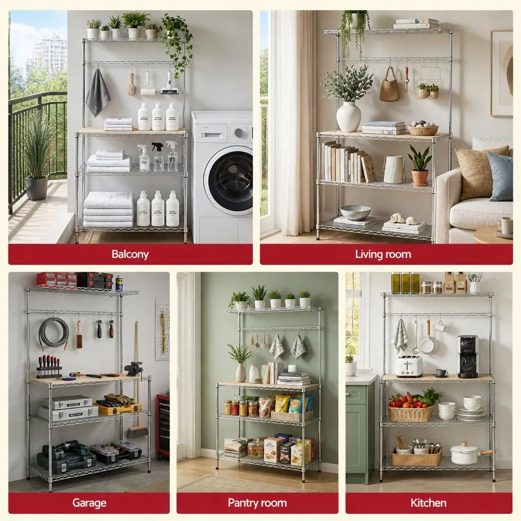 Metal Kitchen Shelf Rack Silver 4 Tier 90cm x 34cm x 151cm