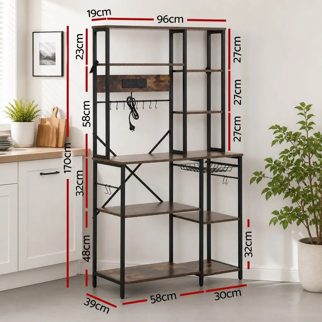 Kitchen Storage Rack with Power Outlets and Hooks 96CM x 170CM Microwave Shelf Unit