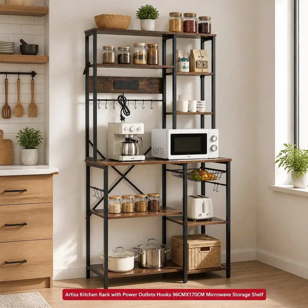 Kitchen Storage Rack with Power Outlets and Hooks 96CM x 170CM Microwave Shelf Unit