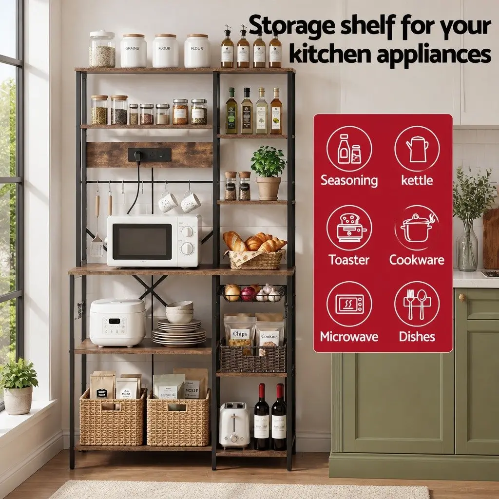 Kitchen Storage Rack with Power Outlets and Hooks 96CM x 170CM Microwave Shelf Unit