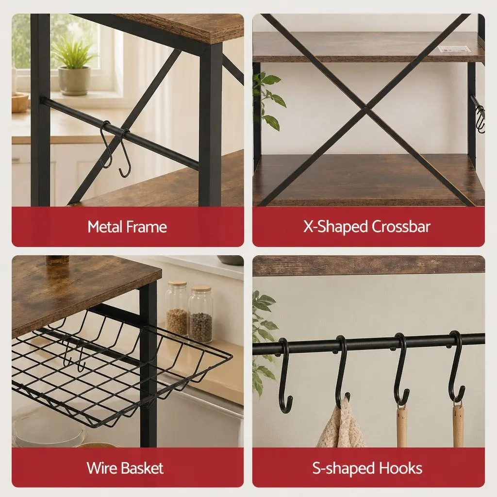 Kitchen Storage Rack with Power Outlets and Hooks 96CM x 170CM Microwave Shelf Unit