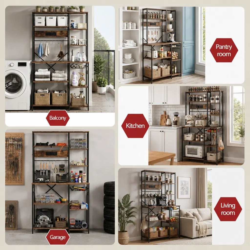 Kitchen Storage Rack with Power Outlets and Hooks 96CM x 170CM Microwave Shelf Unit