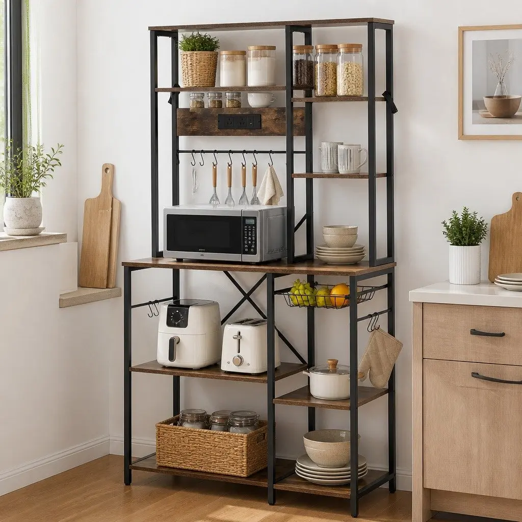Kitchen Storage Rack with Power Outlets and Hooks 96CM x 170CM Microwave Shelf Unit