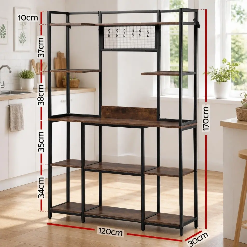 Kitchen Utility Rack Metal Tier Storage Shelf with 6 Hooks Brown 120cm W x 30cm D x 170cm H
