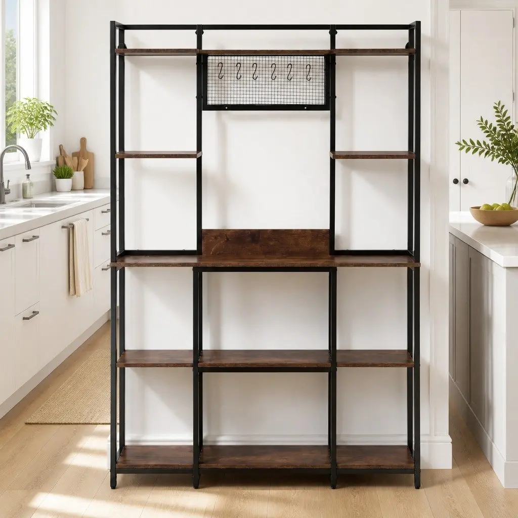 Kitchen Utility Rack Metal Tier Storage Shelf with 6 Hooks Brown 120cm W x 30cm D x 170cm H