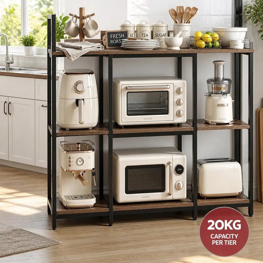 Kitchen Utility Rack Metal Tier Storage Shelf with 6 Hooks Brown 120cm W x 30cm D x 170cm H