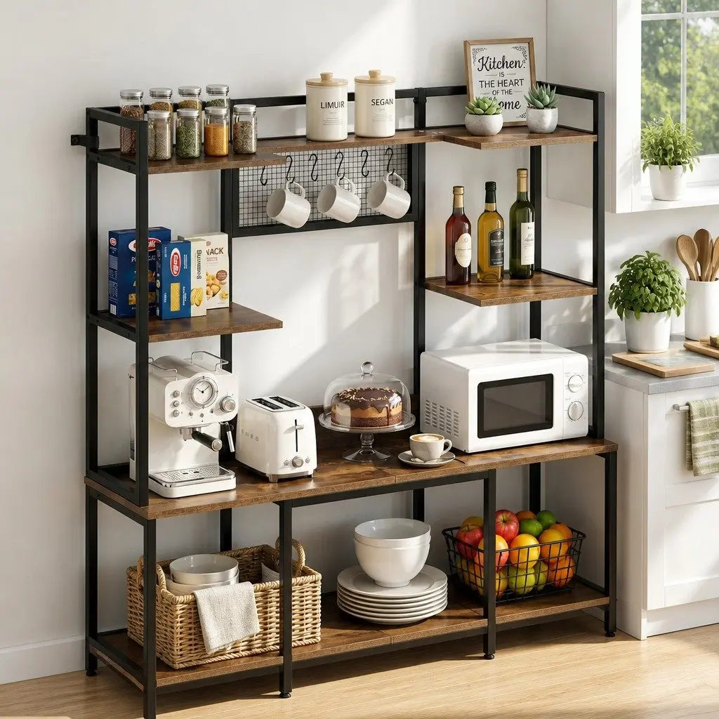 Kitchen Utility Rack Metal Tier Storage Shelf with 6 Hooks Brown 120cm W x 30cm D x 170cm H