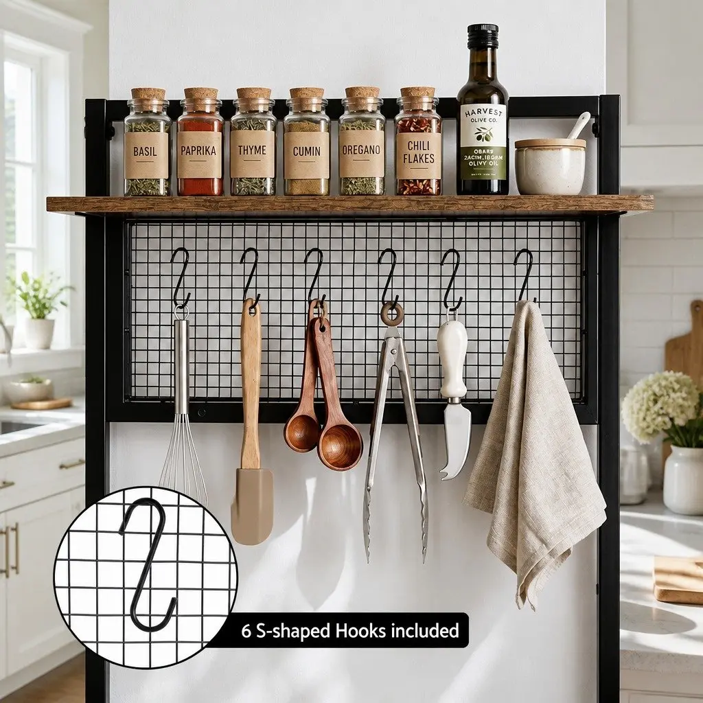 Kitchen Utility Rack Metal Tier Storage Shelf with 6 Hooks Brown 120cm W x 30cm D x 170cm H