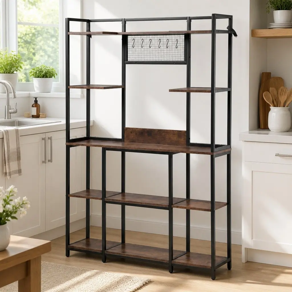 Kitchen Utility Rack Metal Tier Storage Shelf with 6 Hooks Brown 120cm W x 30cm D x 170cm H