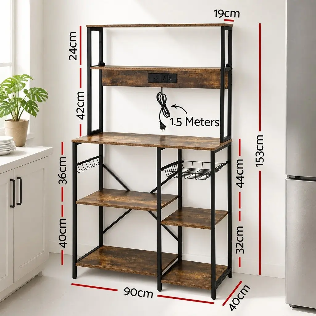 5-Tier Kitchen Storage Rack with Power Outlets Brown