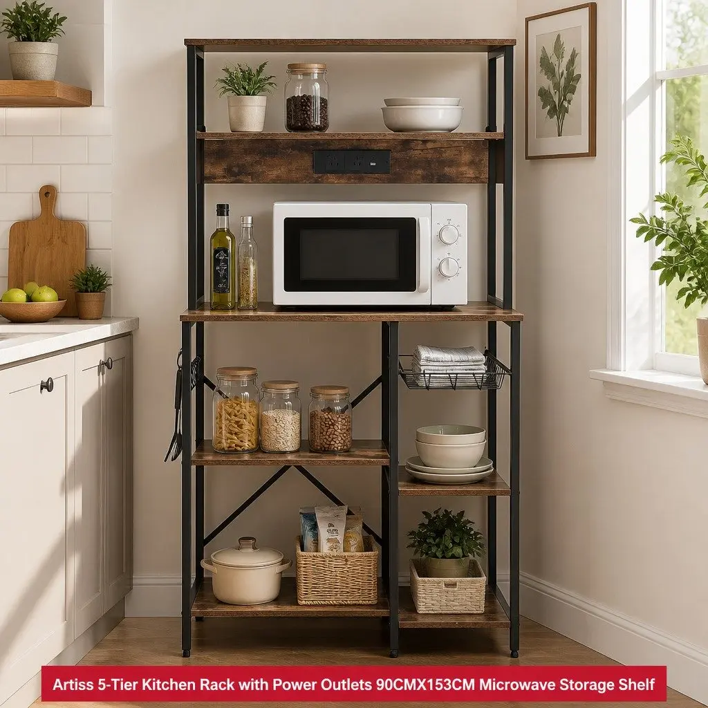 5-Tier Kitchen Storage Rack with Power Outlets Brown