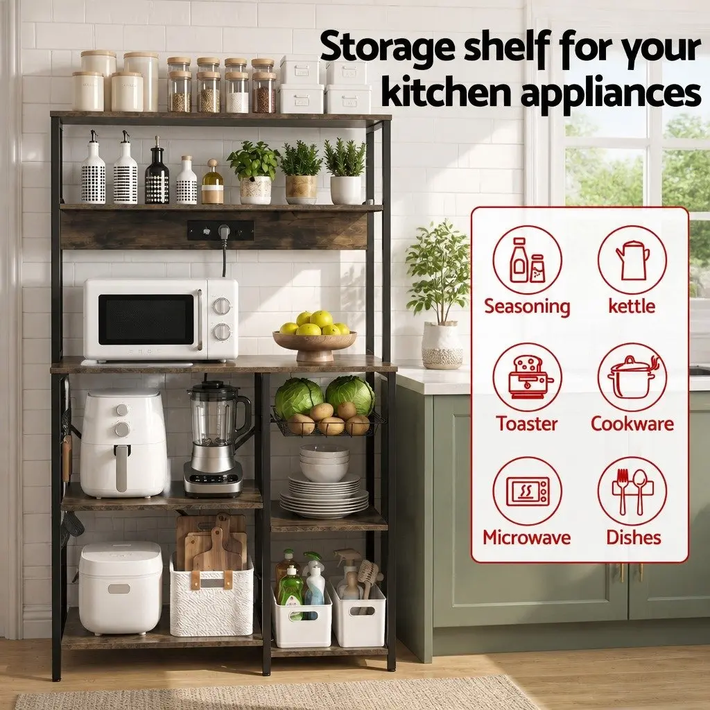 5-Tier Kitchen Storage Rack with Power Outlets Brown