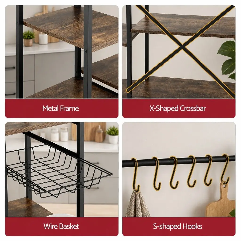 5-Tier Kitchen Storage Rack with Power Outlets Brown