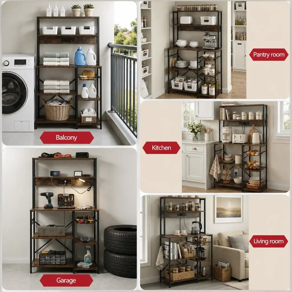 5-Tier Kitchen Storage Rack with Power Outlets Brown