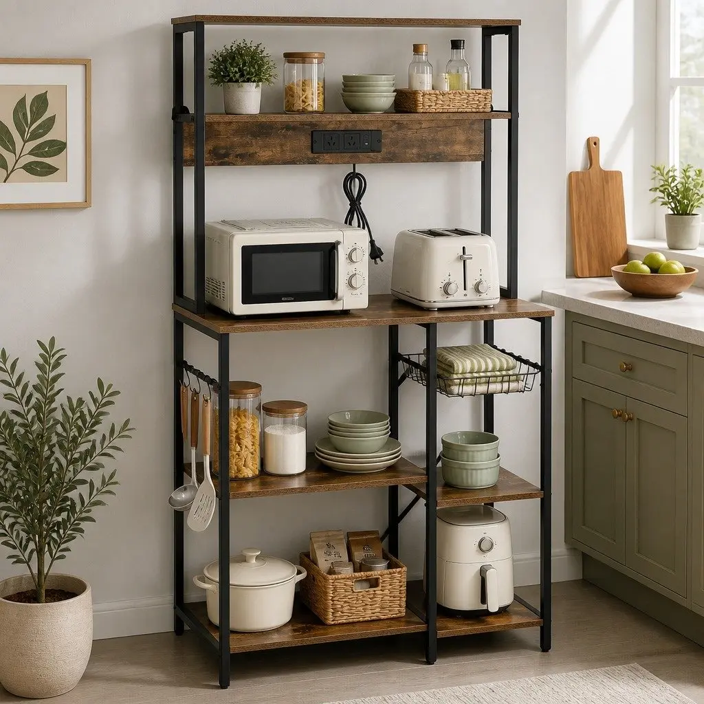 5-Tier Kitchen Storage Rack with Power Outlets Brown