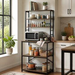 6-Tier Kitchen Storage Rack with Hooks Microwave Shelf Unit 80cm x 167cm Brown