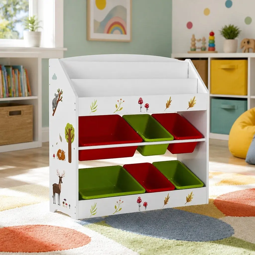 Kids Bookshelf 3 Tier Storage Organiser with 6 Removable Boxes Toy Rack White
