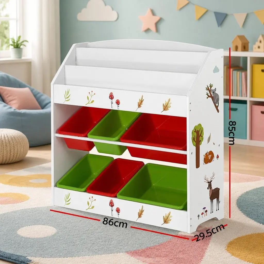 Kids Bookshelf 3 Tier Storage Organiser with 6 Removable Boxes Toy Rack White