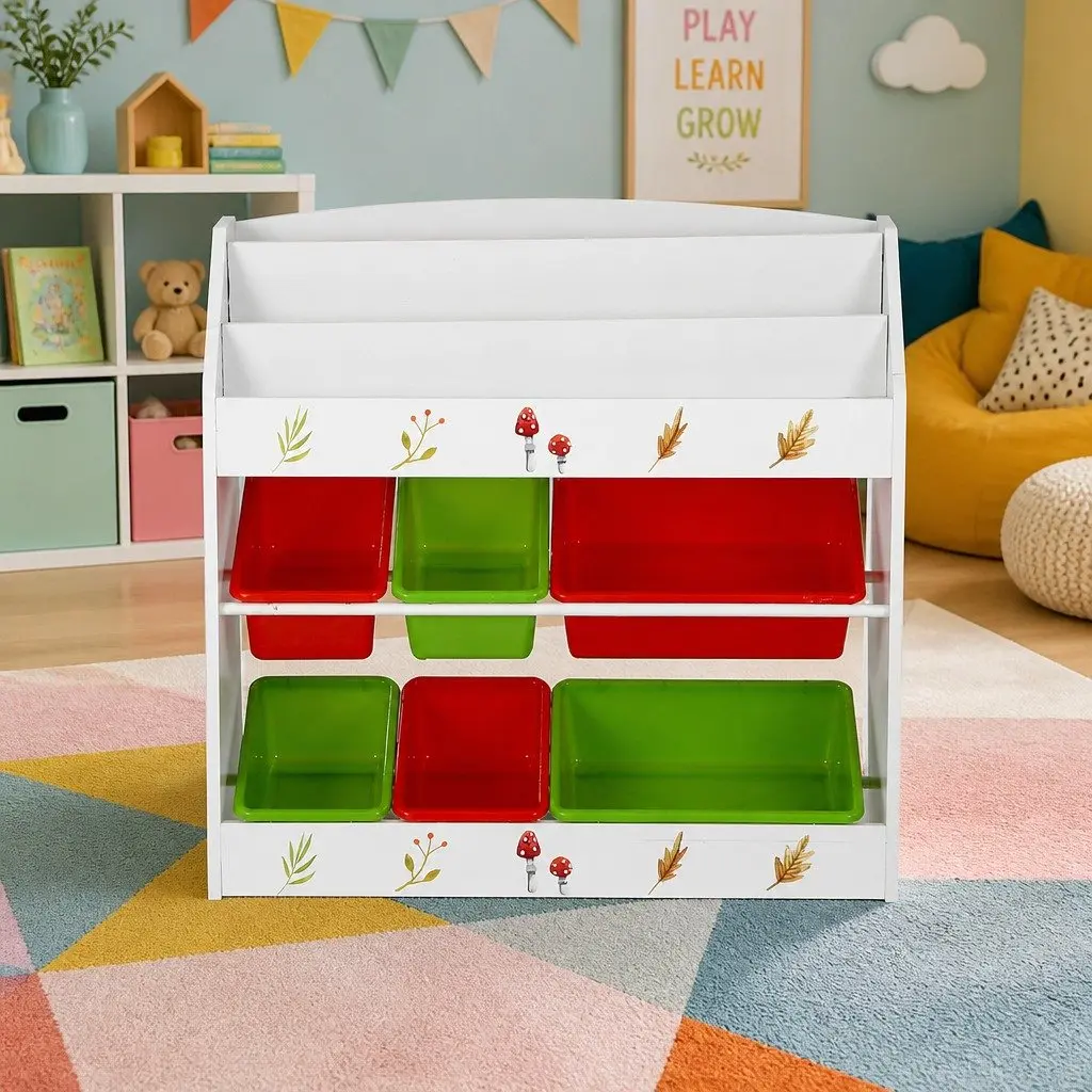 Kids Bookshelf 3 Tier Storage Organiser with 6 Removable Boxes Toy Rack White