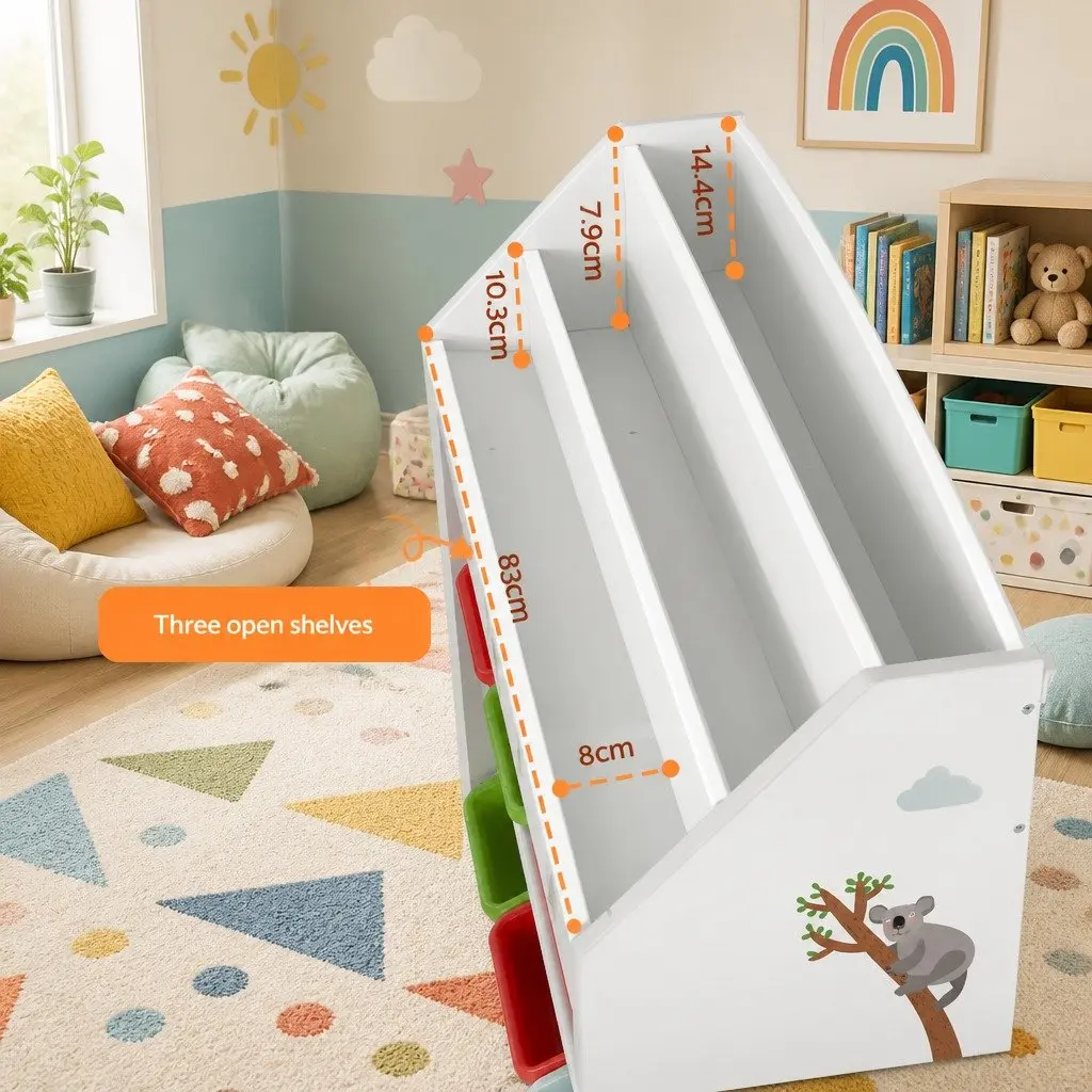 Kids Bookshelf 3 Tier Storage Organiser with 6 Removable Boxes Toy Rack White