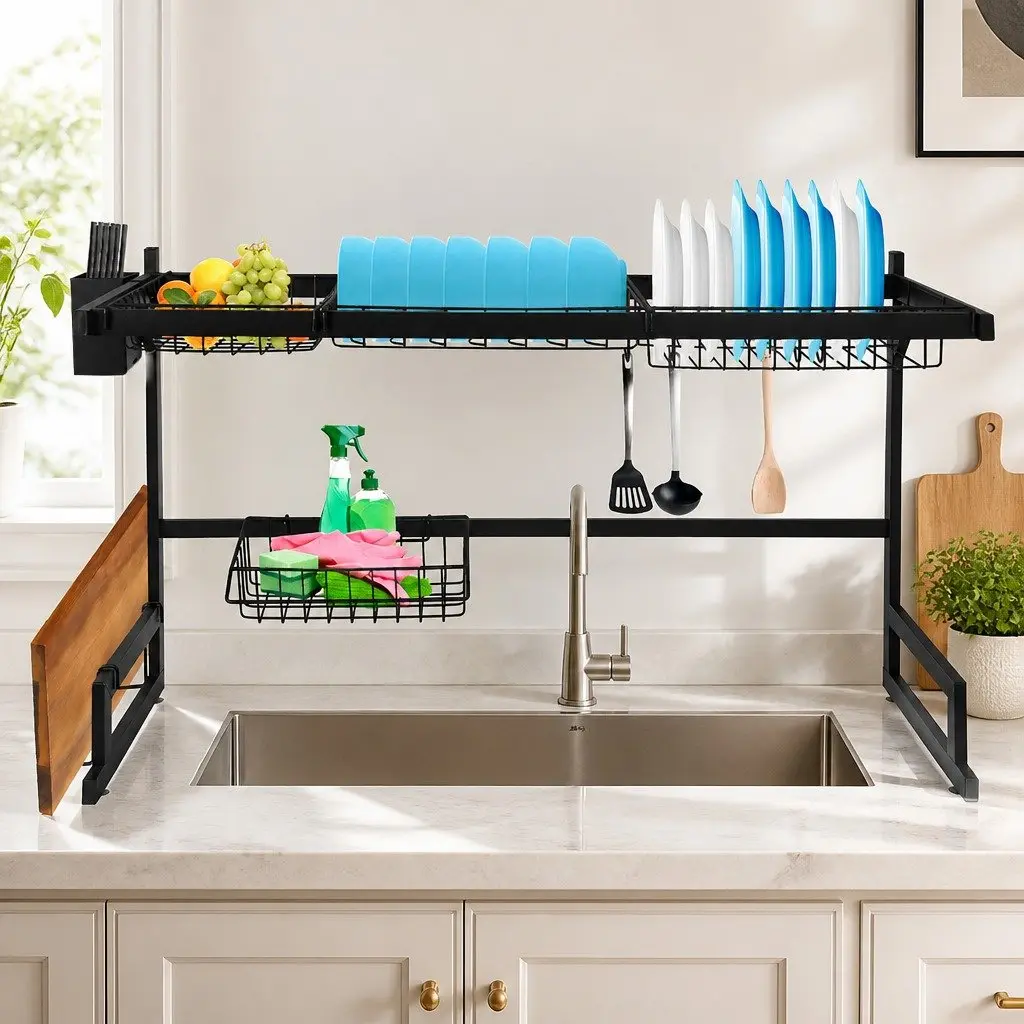 Dish Drying Rack Over Sink 85cm Stainless Steel 2-Tier Kitchen Organizer Drainer
