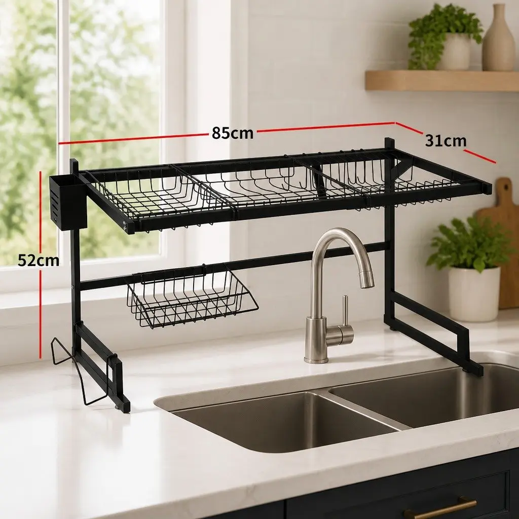 Dish Drying Rack Over Sink 85cm Stainless Steel 2-Tier Kitchen Organizer Drainer