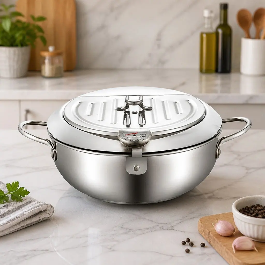 Stainless Steel Deep Frying Pan 24cm with Integrated Thermometer and Draining Rack
