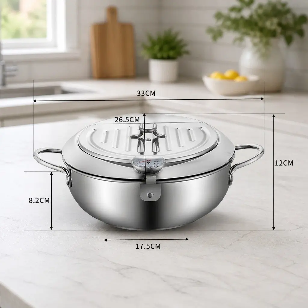 Stainless Steel Deep Frying Pan 24cm with Integrated Thermometer and Draining Rack