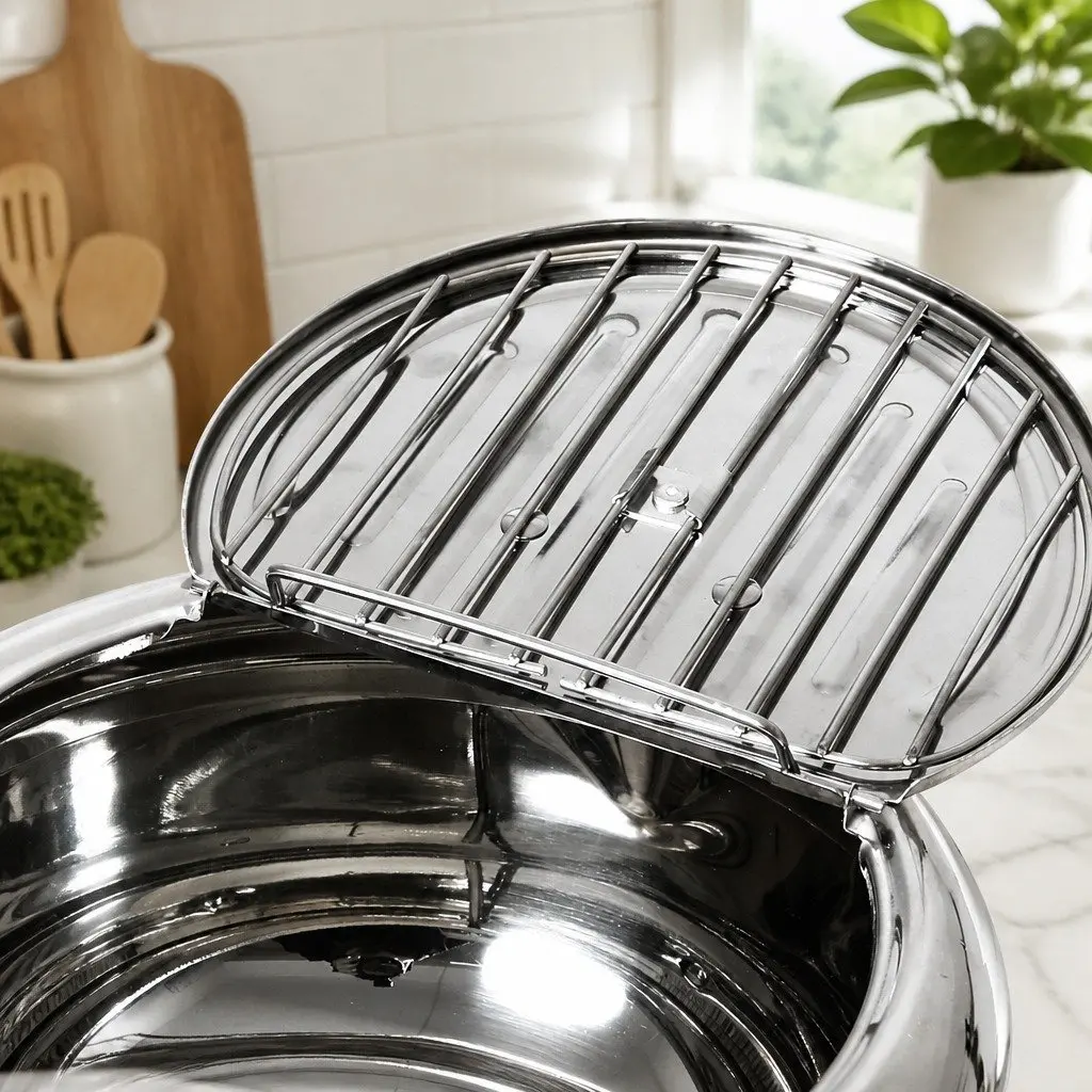 Stainless Steel Deep Frying Pan 24cm with Integrated Thermometer and Draining Rack