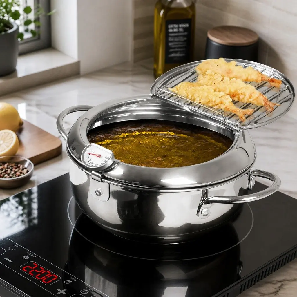 Stainless Steel Deep Frying Pan 24cm with Integrated Thermometer and Draining Rack