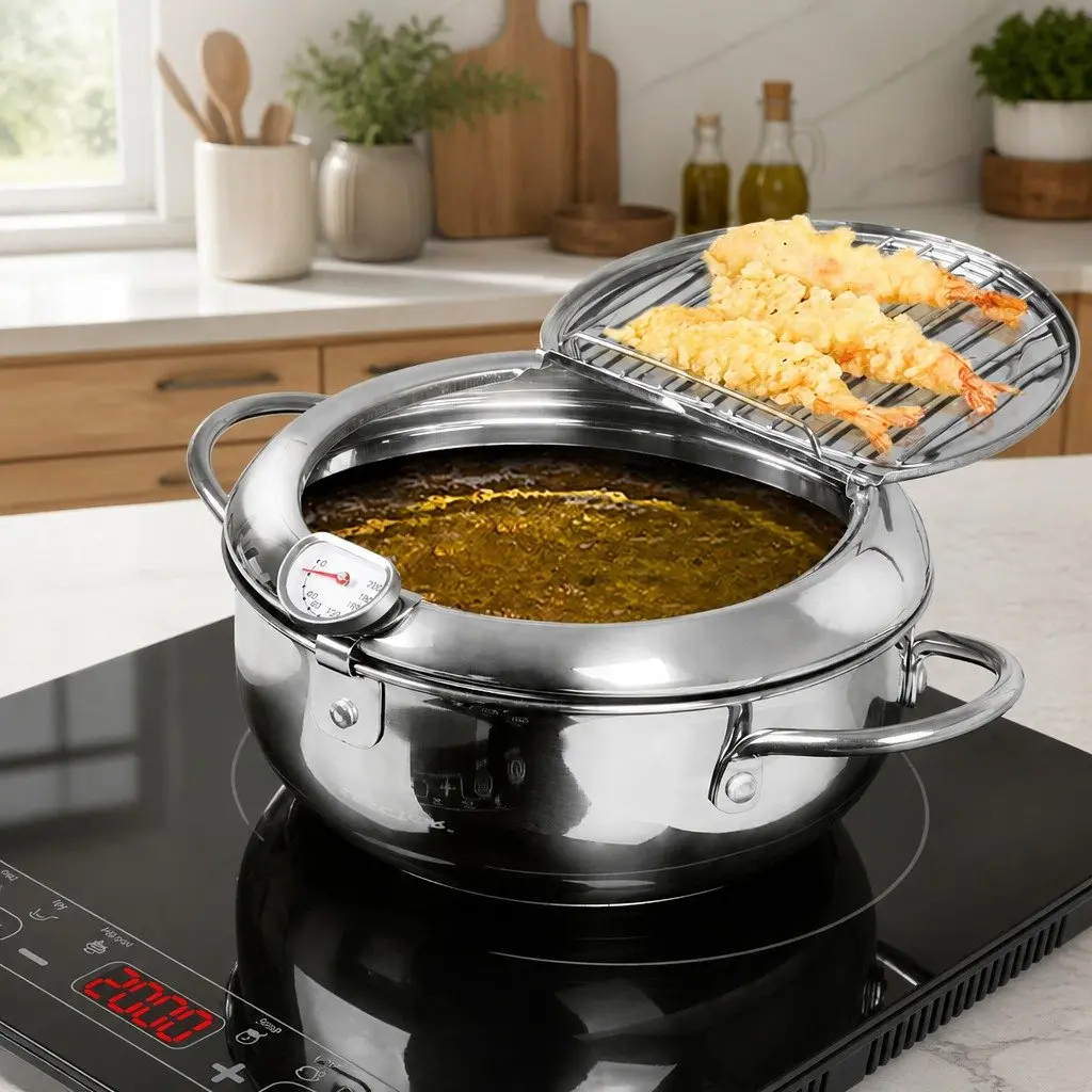 Stainless Steel Deep Frying Pan 24cm with Integrated Thermometer and Draining Rack