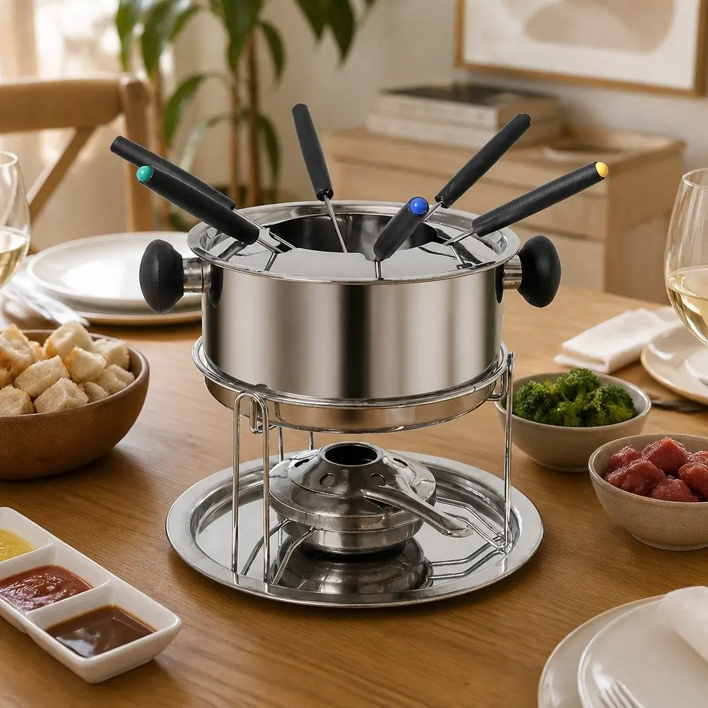 Fondue Set Stainless Steel 12 Piece Pot Burner Forks Cheese Chocolate Meat Dipping