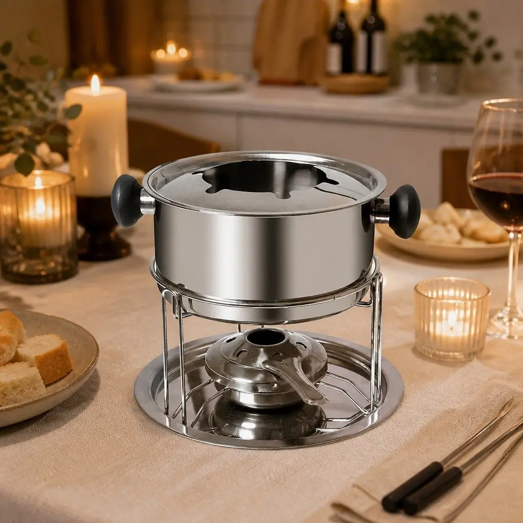 Fondue Set Stainless Steel 12 Piece Pot Burner Forks Cheese Chocolate Meat Dipping