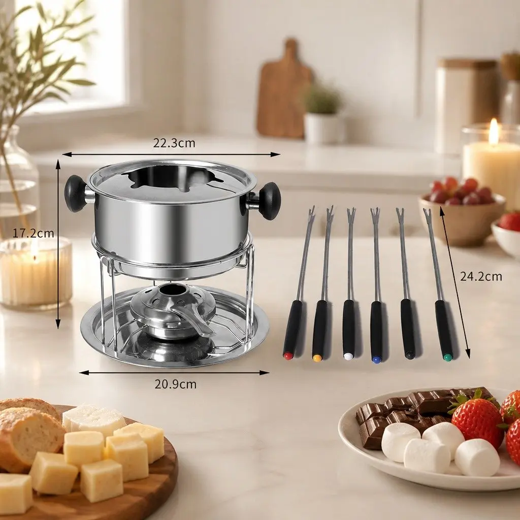 Fondue Set Stainless Steel 12 Piece Pot Burner Forks Cheese Chocolate Meat Dipping
