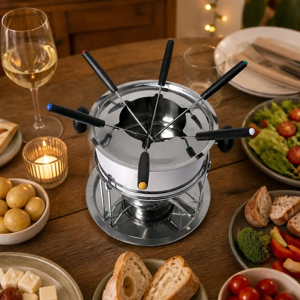 Fondue Set Stainless Steel 12 Piece Pot Burner Forks Cheese Chocolate Meat Dipping