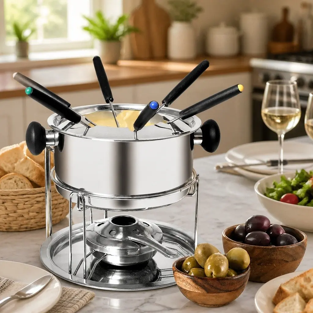 Fondue Set Stainless Steel 12 Piece Pot Burner Forks Cheese Chocolate Meat Dipping