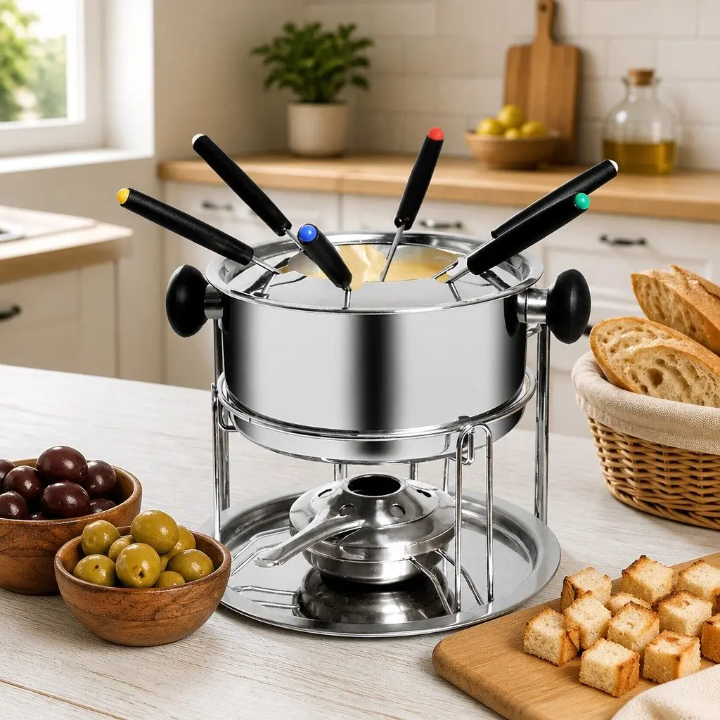 Fondue Set Stainless Steel 12 Piece Pot Burner Forks Cheese Chocolate Meat Dipping